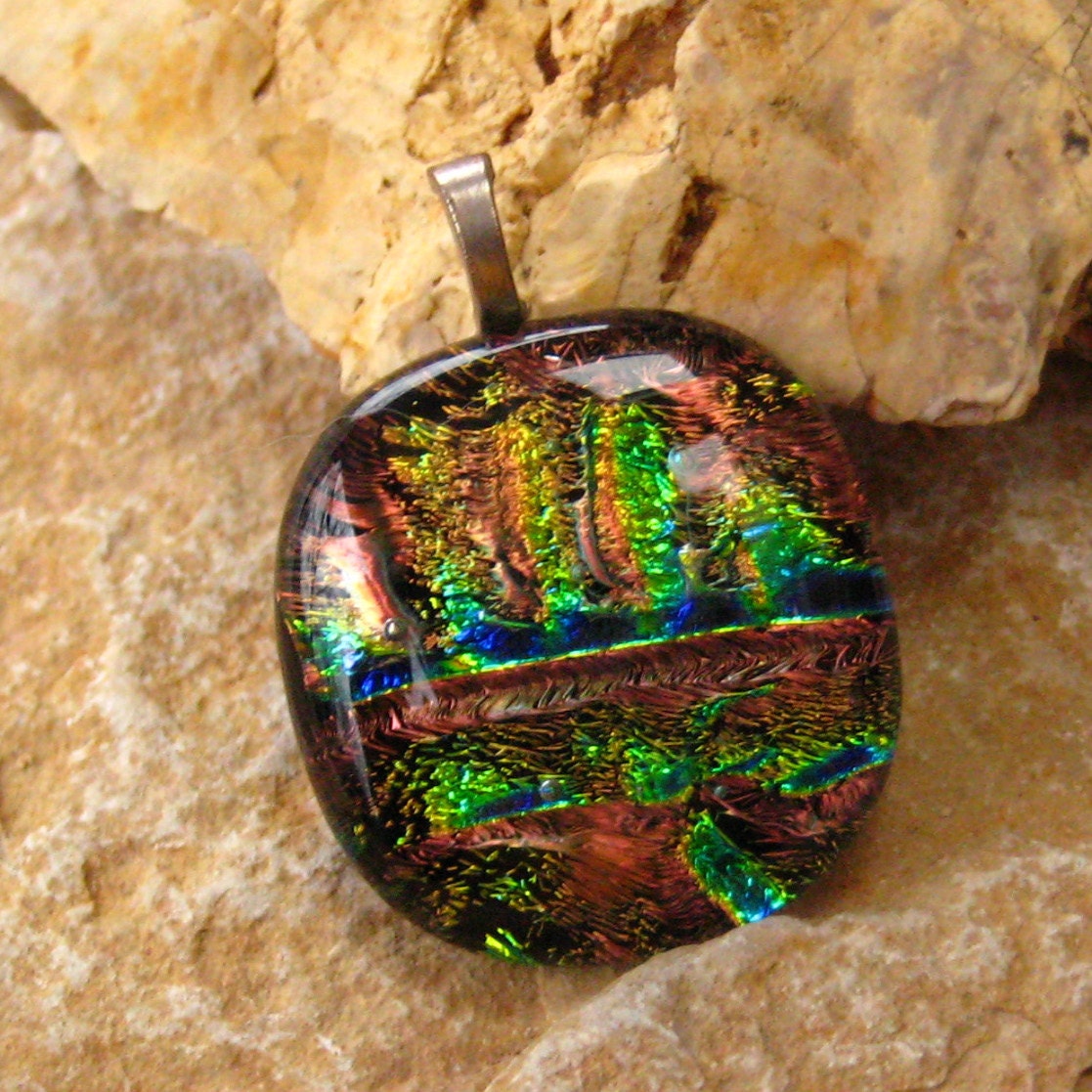 Fused Glass Necklace, Dichroic Fused Glass Pendant, - Desert Flower