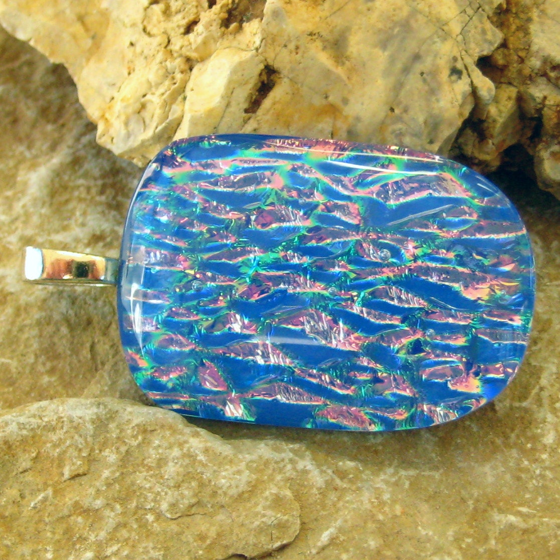 Fused Glass Necklace, Blue Dichroic Pendant - Electric Blue Fantasy Dichroic Pendant