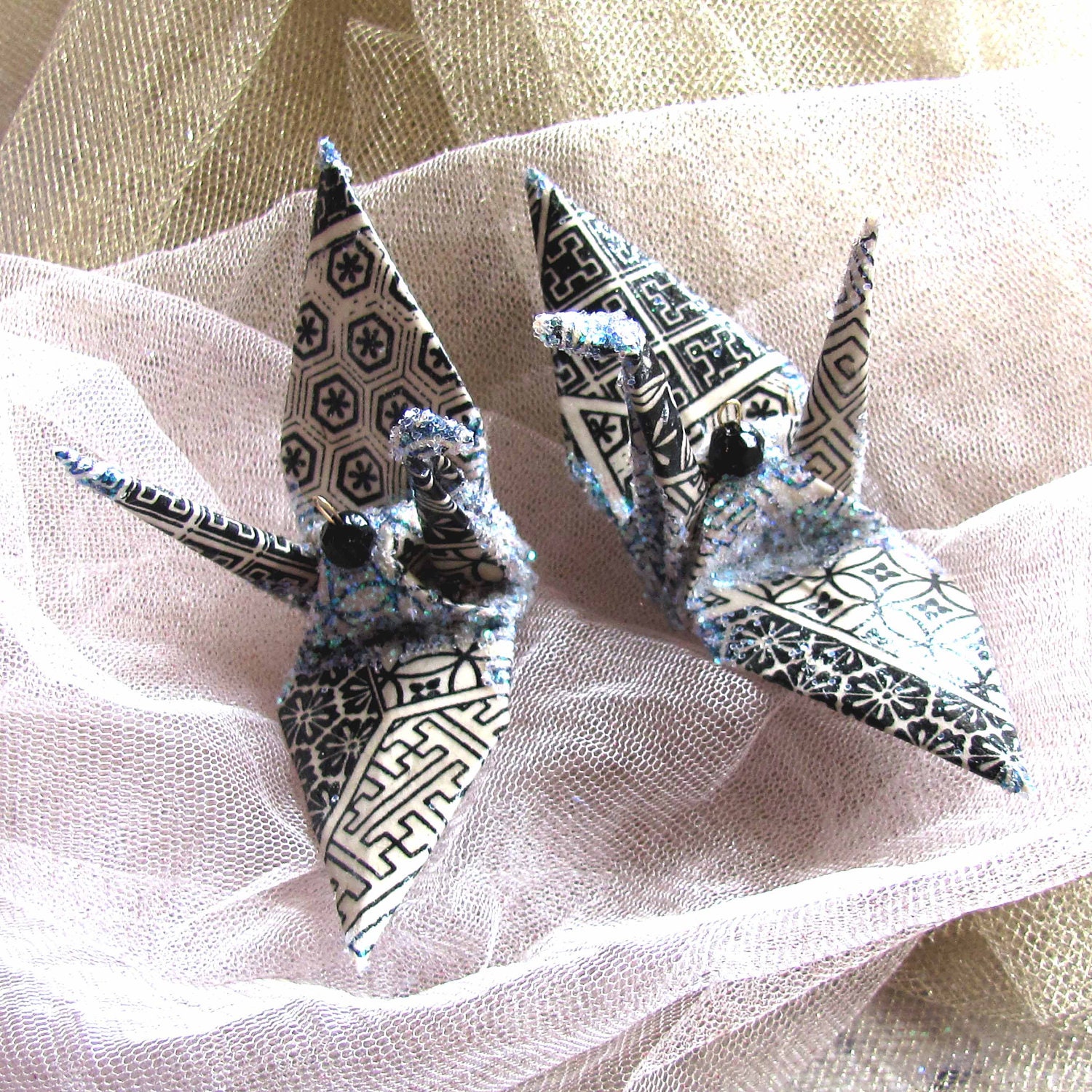 Tribal Array Peace Crane Origami Wedding Cake Topper Favor Ornament Japanese Bird Black White Lotka Paper