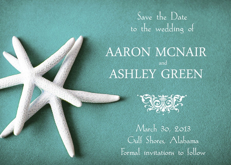50 Save the Date postcards 5x7 - WHITE STARFISH on teal