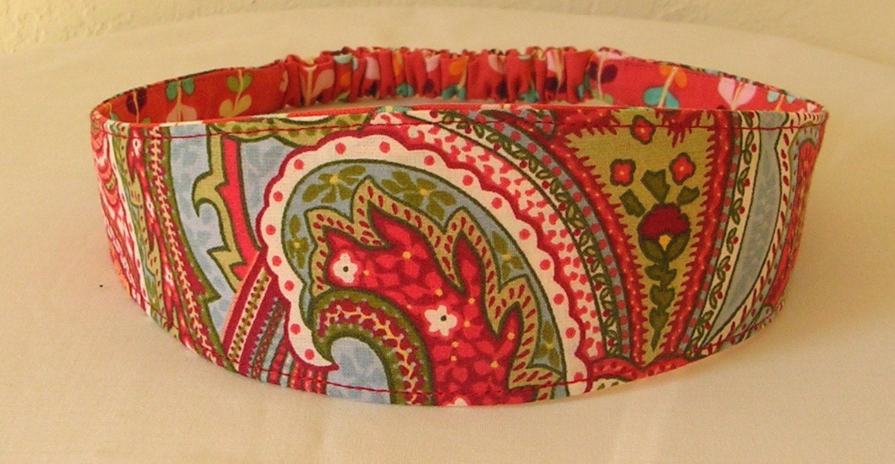 Headband  Red Paisley and Green reversible women hairband