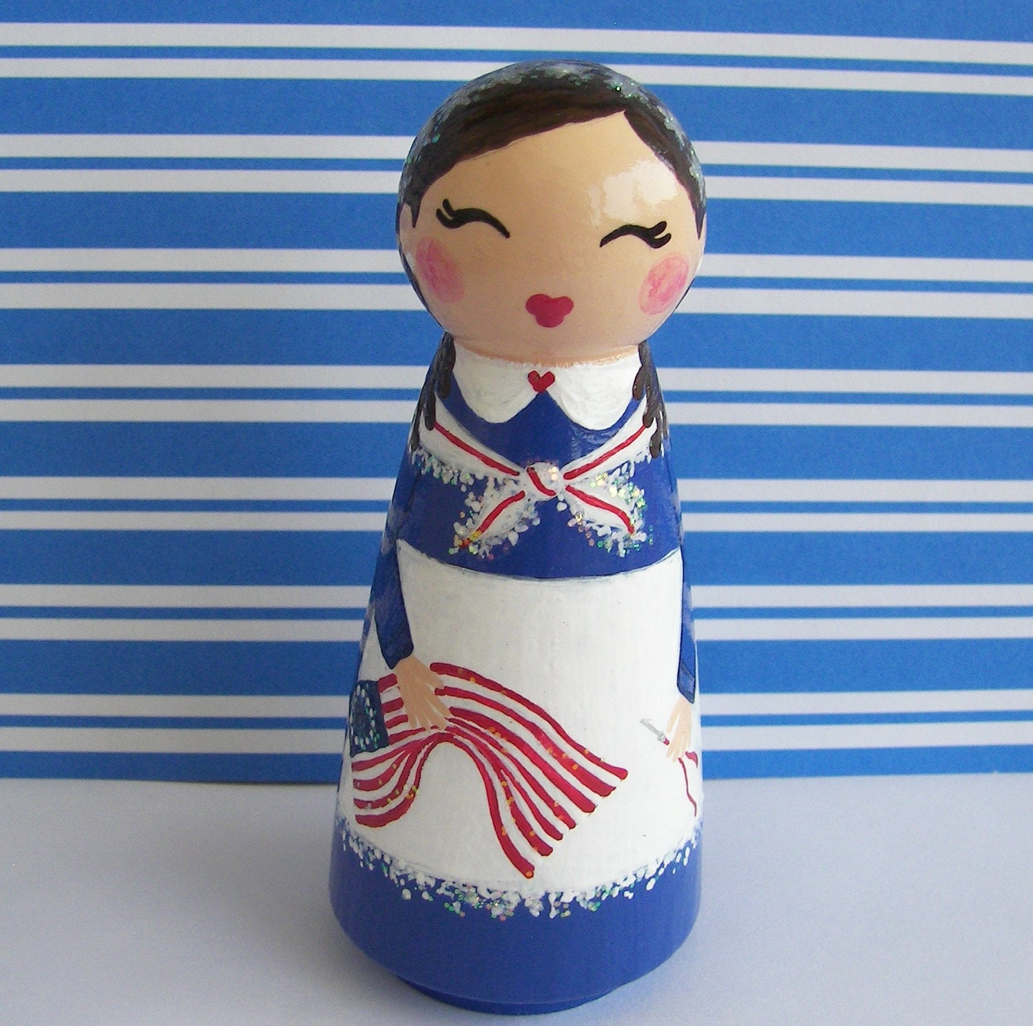 Hand Painted Love Boxes Betsy Ross Peg Doll Wood Stand Bunting
