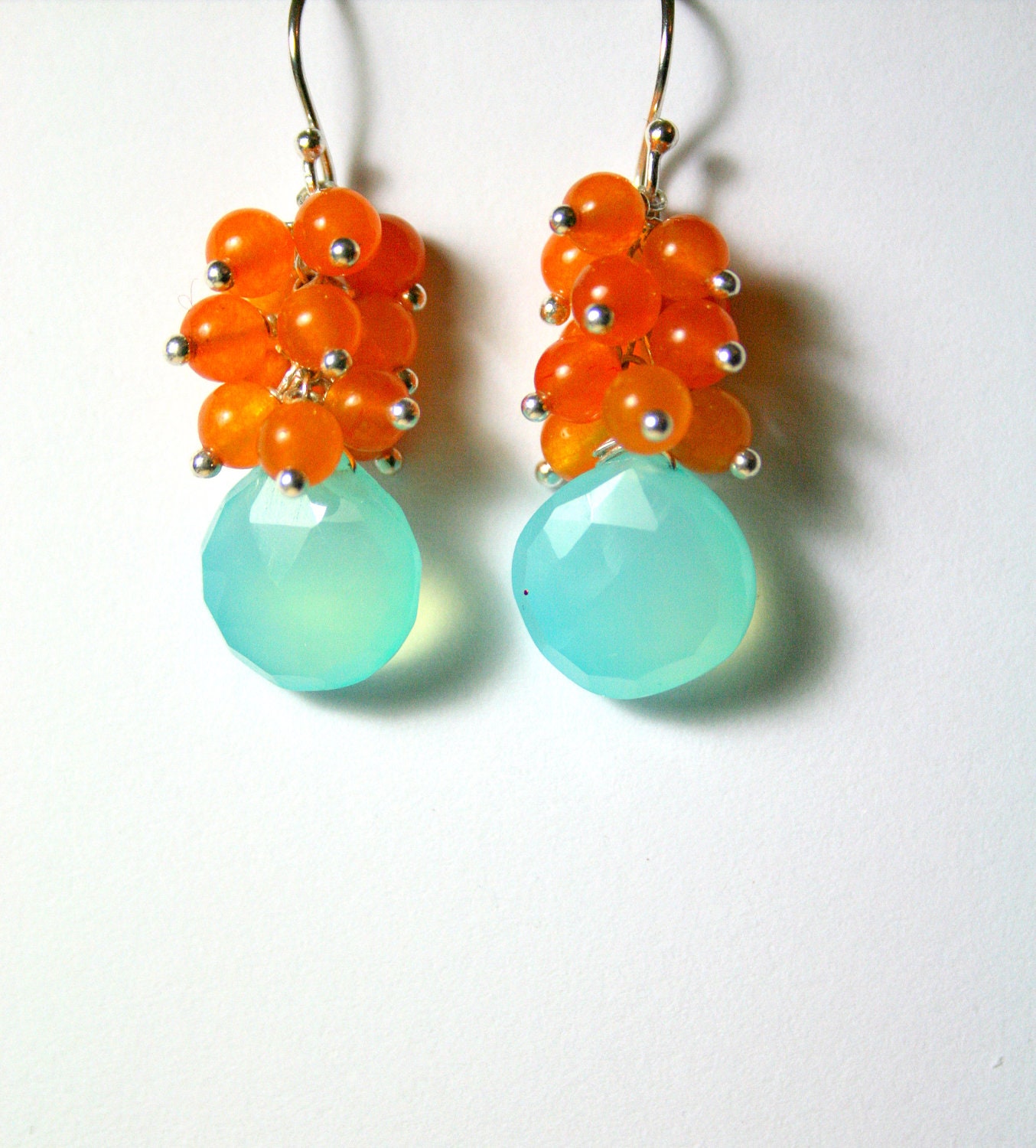 Aqua Gemstone Earrings, Orange Clusters, Sterling Silver