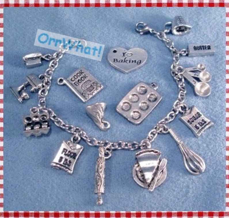 Baker Silver Charms Bracelet Flour Sugar Butter Mixer Food Baking Kitchen Utensils