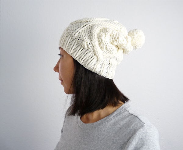 All Over Popcorn Cable PomPom Snow and Ski Slouch Hat in Soft Porcelain Ivory Merino. Spring and Winter Fashion Handmade in France.