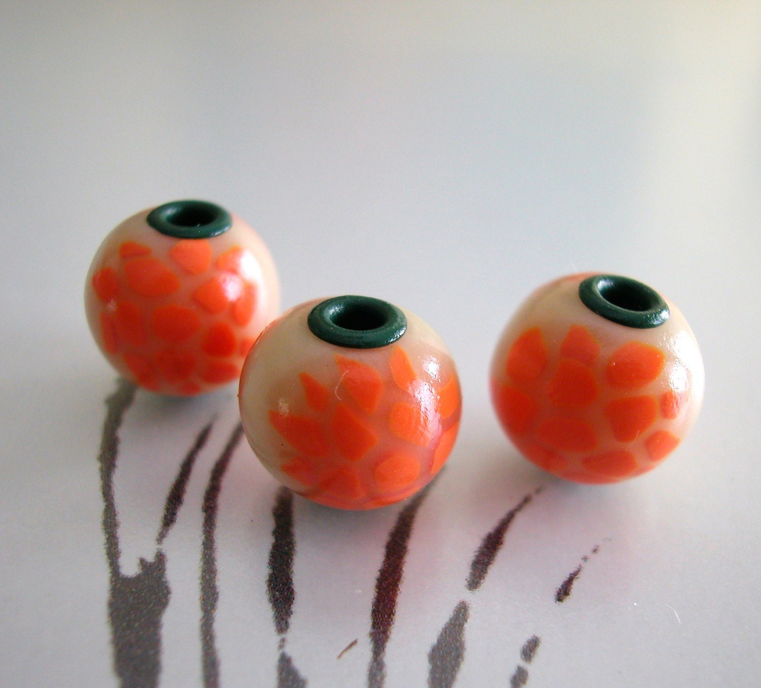 Round Beads Orange White Green Handmade Polymer Clay Fall
