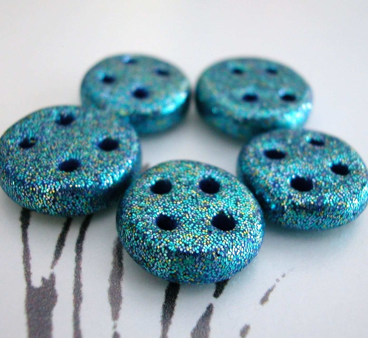 Blue Glitter Buttons Four Hole Handmade Polymer Clay Metallic