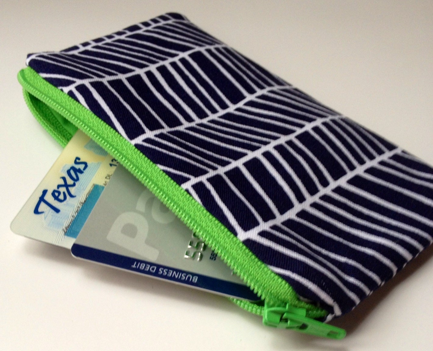 Zippered Coin Purse Wallet - Fabric Business Card Holder - Navy Blue/White Herringbone