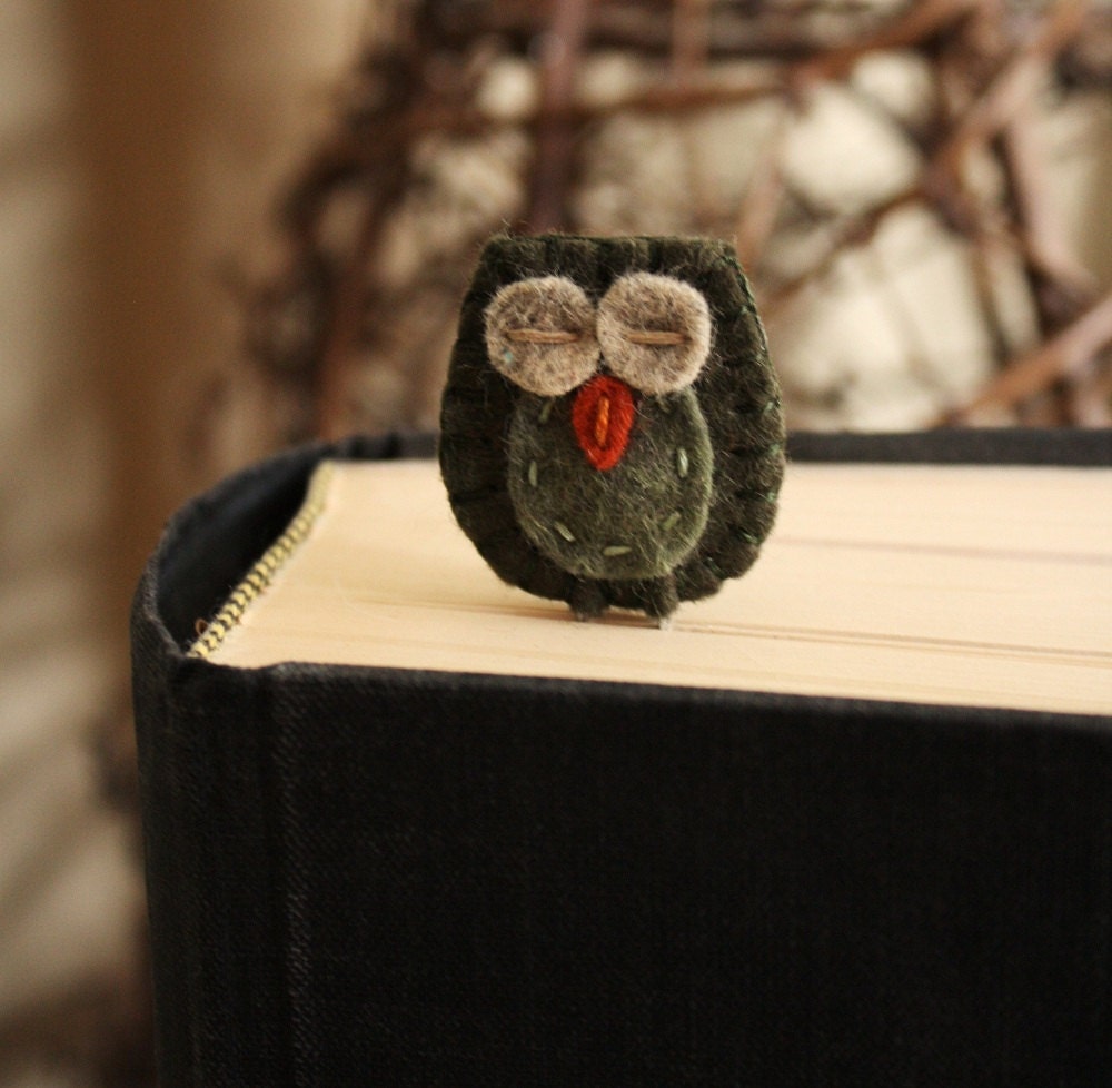 wool felt owl bookmark greygreen and sage