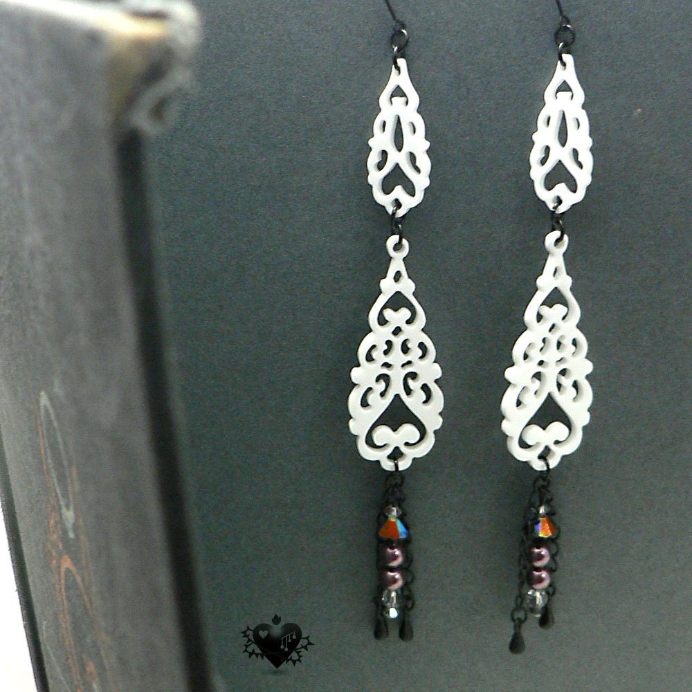 Dramatic  Shoulder Duster White Gothic Filigree Earrings