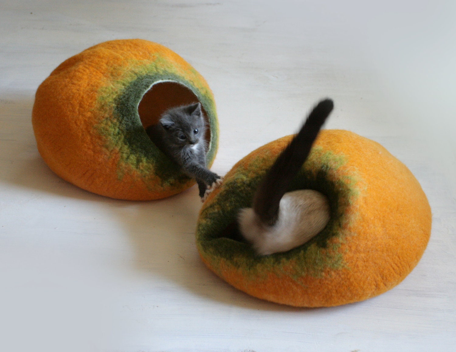 Cat Nap Cocoon / Cave / Bed / House / Vessel - Hand Felted Wool - Crisp Contemporary Design - READY TO SHIP Yellow Pumpkin Bubble