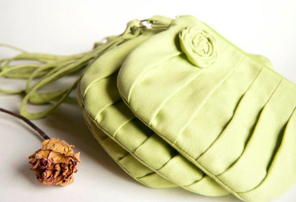 Green Apple Bridal Wedding Clutch or Bridesmaid Clutch, Wristlet, Pouch, Purse - Romantic Rosebud pleats by Lolos