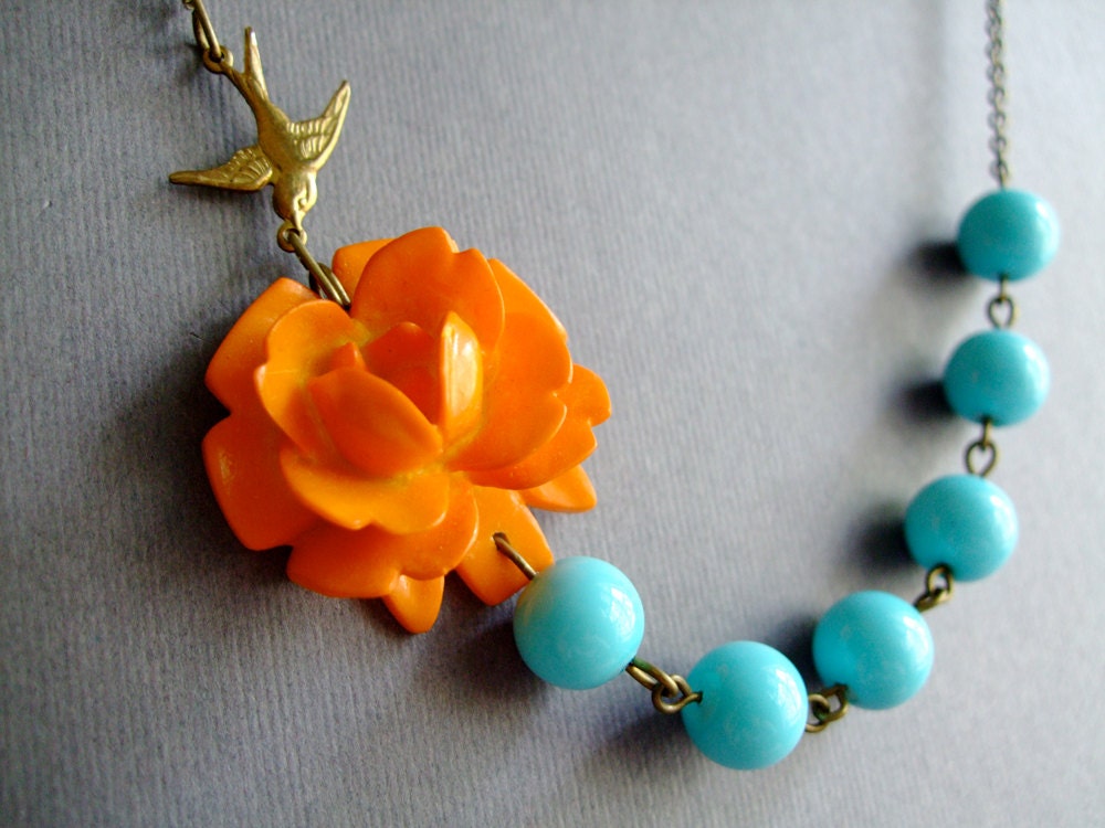Orange Necklace,Aqua Jewelry,Bridesmaid Necklace,Pearl Necklace,Flower Necklace,Bohemian Jewelry (Free matching earrings)