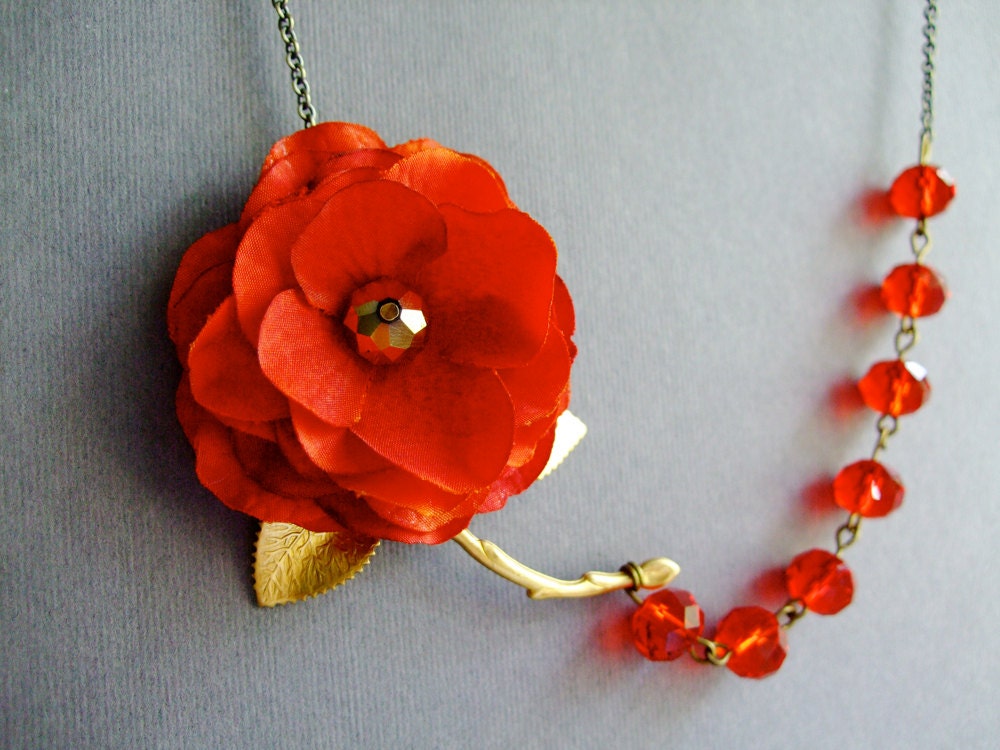 Fabric Flower Necklace,Red Orange Necklace,Bridesmaid Necklace,Crystal Necklace (Free matching earrings)