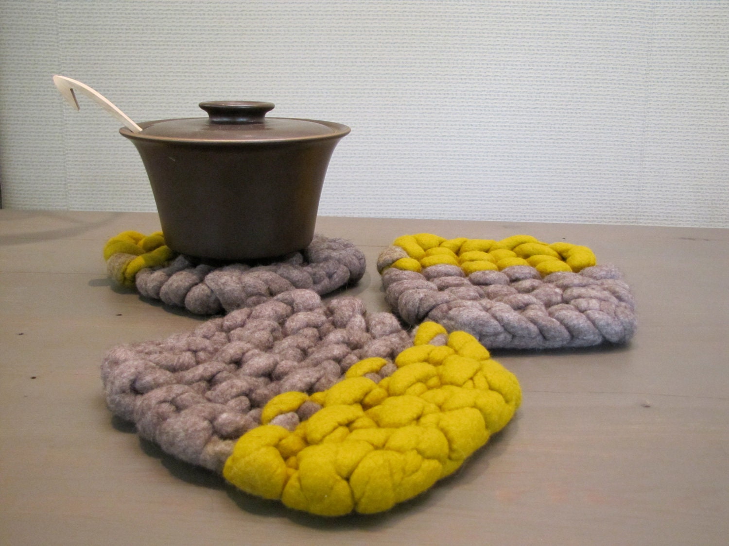 Hand knit extra thick chunky wool merino wool felt trivet