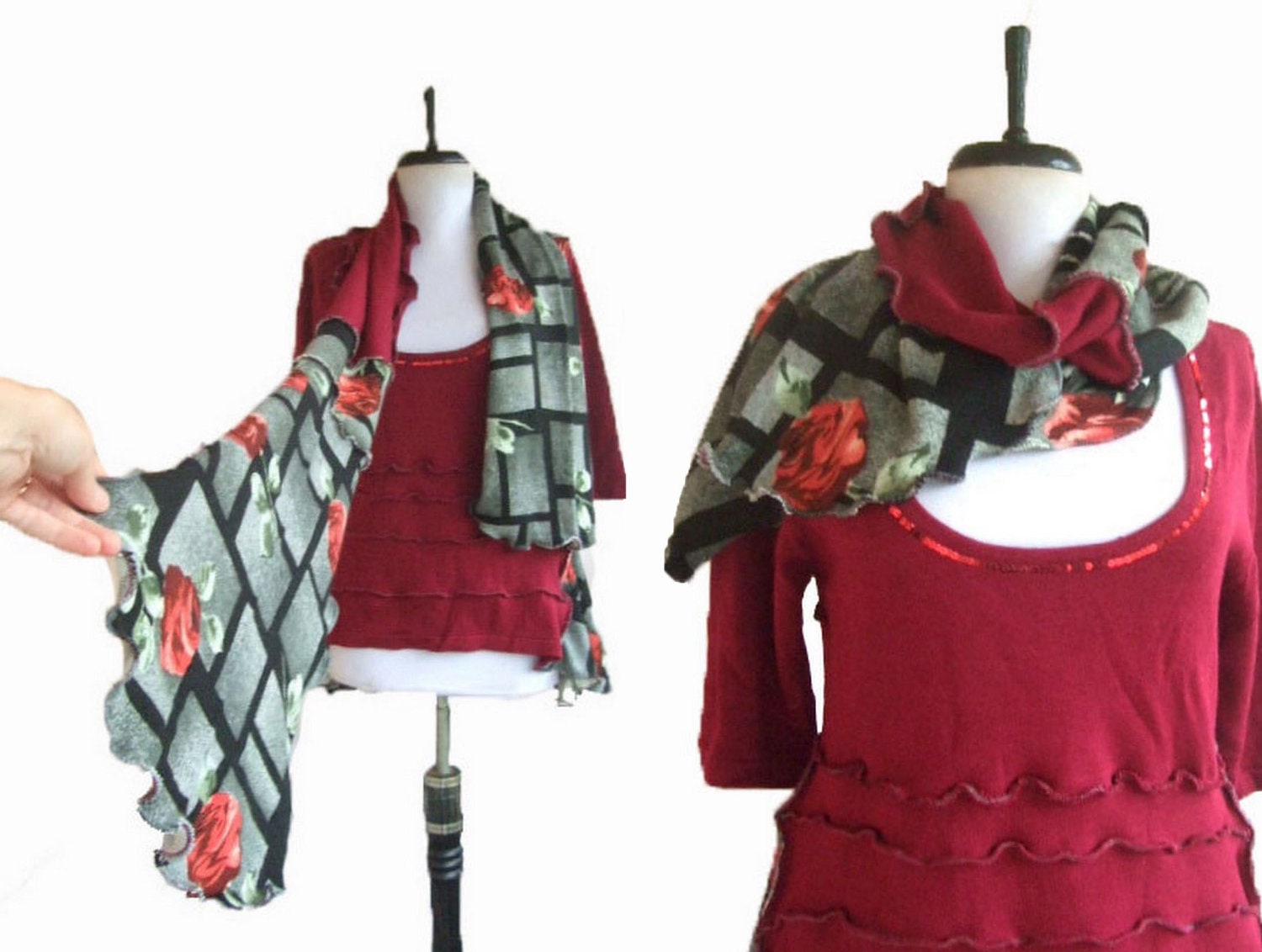 Asymmetric Sweater Tunic with Scarf Medium M Eco Friendly Recycled Womens Handmade Clothing Earthy Floral Ruffled Gray Red Roses