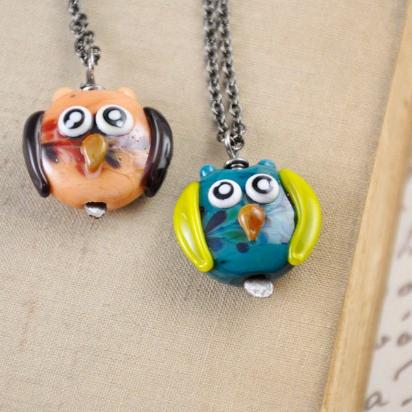 Lampwork Glass Owl Pendant / Orange Turquoise Owl / Chi Omega / Valentine Gift / Vintage Modern Style