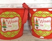 custom CHRISTMAS bucket in reds and green and whimsical Christmas tree - personalized