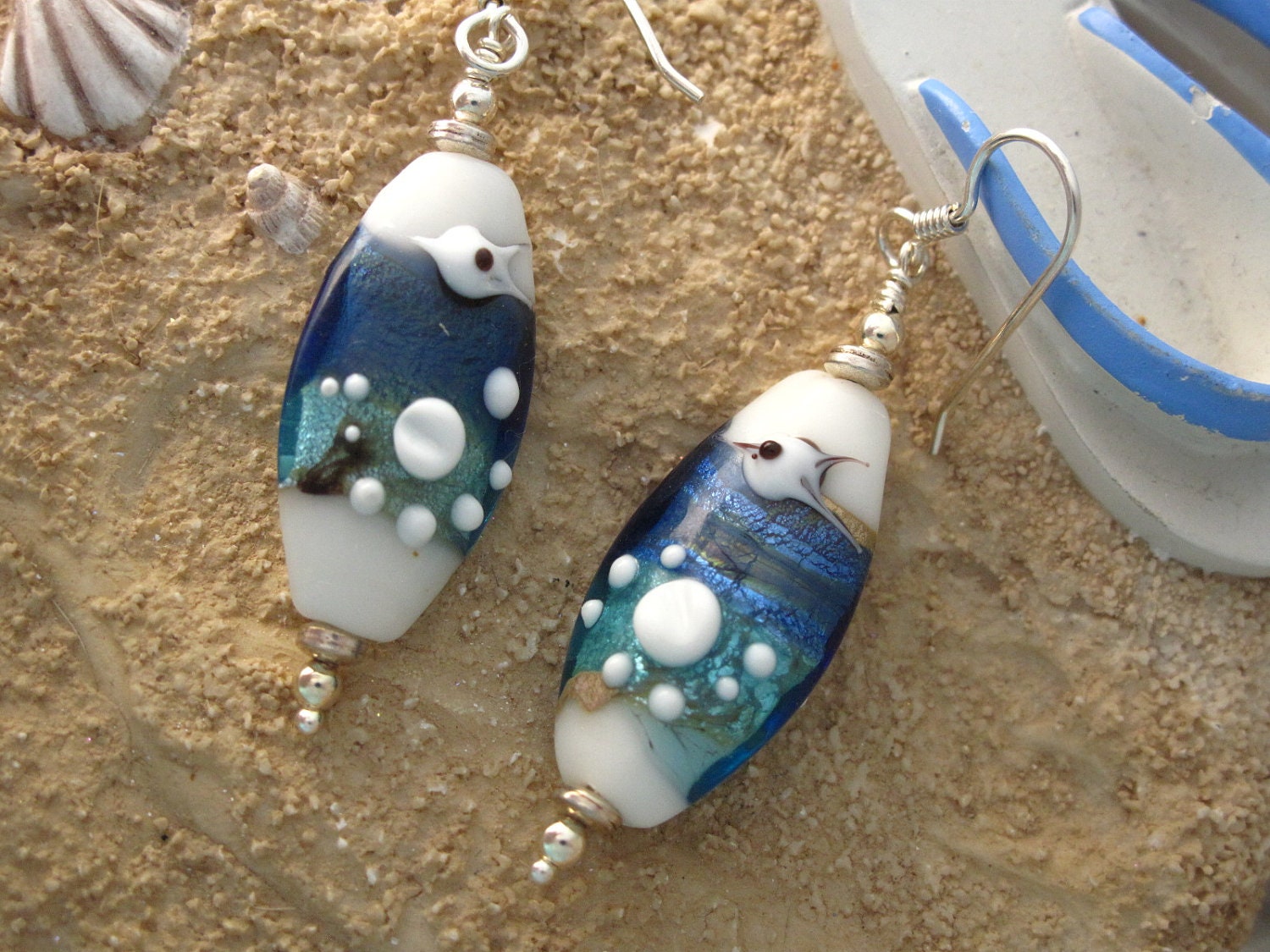 Glass Earrings - Shimmering Sea Life Glass Bead - Blue Ocean Earrings - Dangle Earrings - Sterling Silver Earrings 021313e100