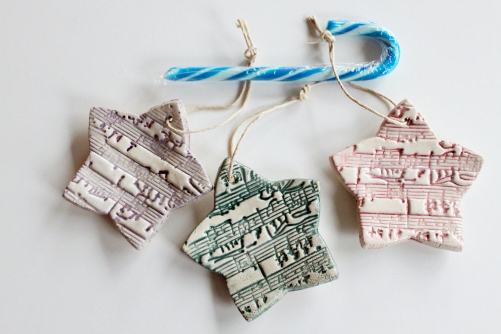 Melody Star Ornaments,  Clay stars,  Set of 3