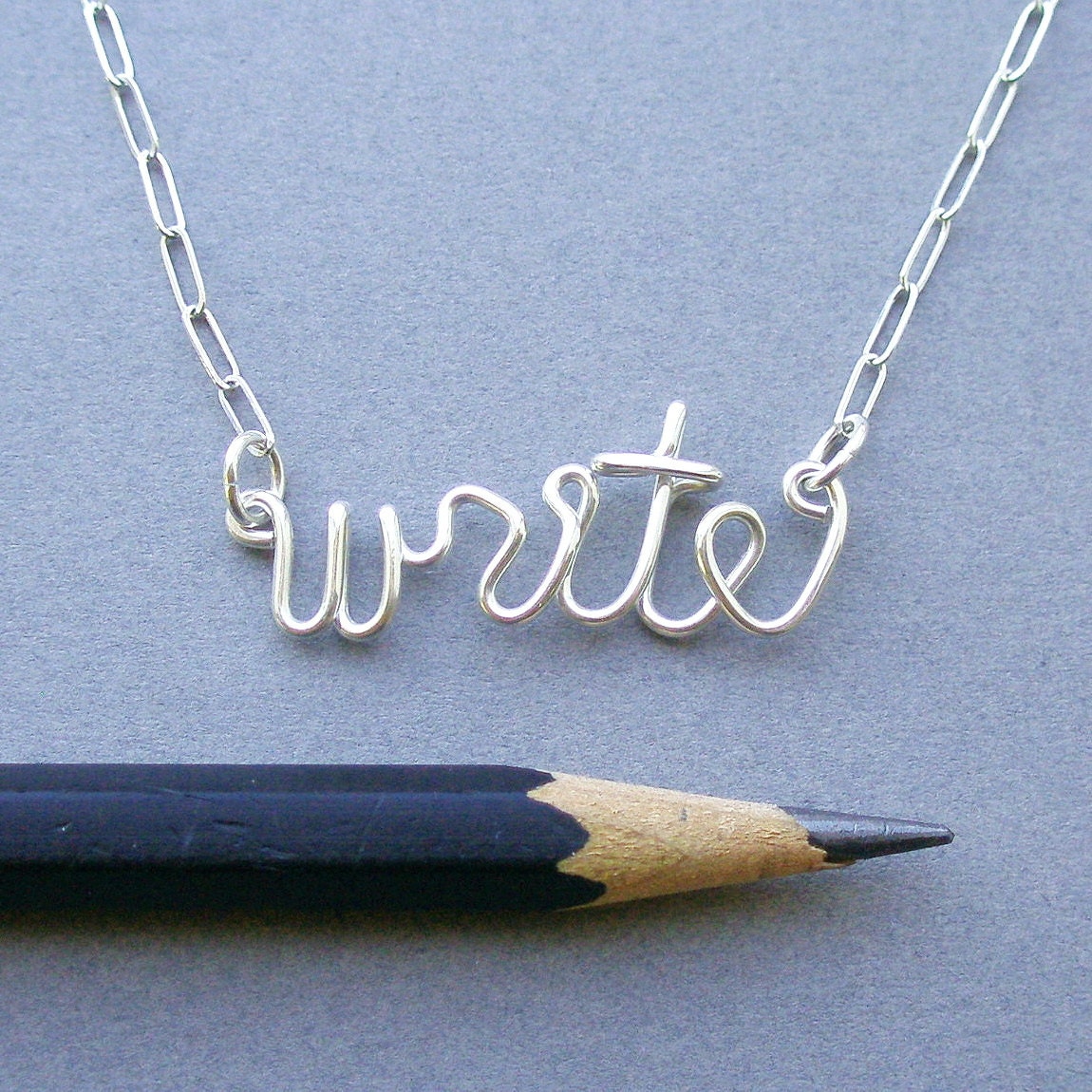 write necklace (sterling silver wire word) - PianoBenchDesigns