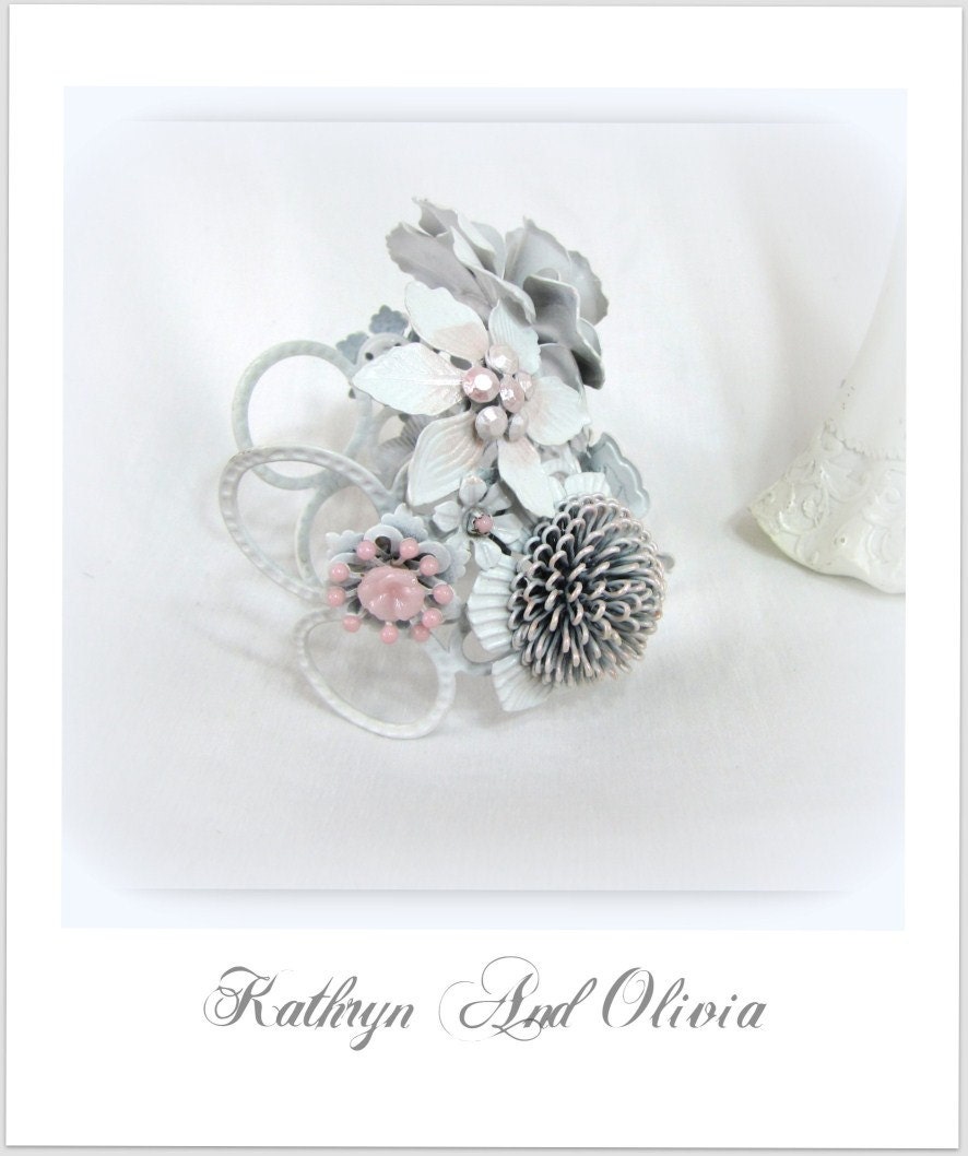 White Wedding Cuff Bracelet with Flowers