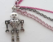 Steampunk Robot Pendant with Pink and Black Chain
