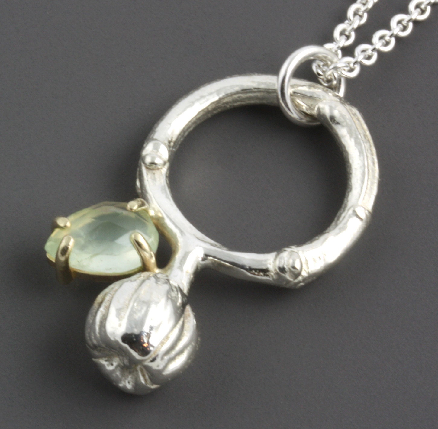 Twig Circle Necklace - Sterling Silver Pendant - Anemone Flower - Prehnite Stone - Branch Pendant - Rose Cut Green Stone - Made to Order