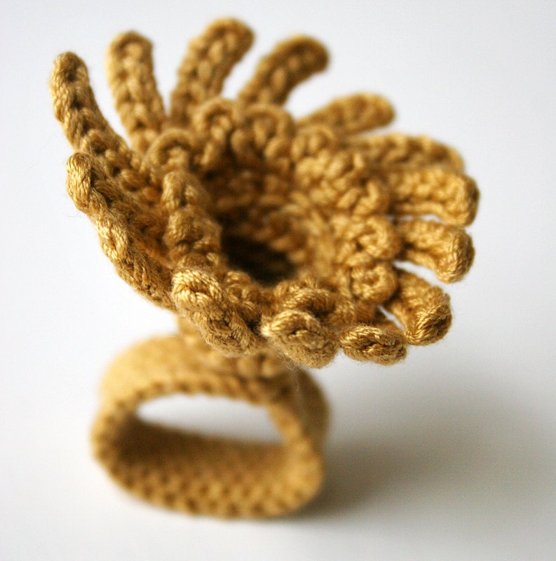 Fiber Jewelry - Blossom 100% Silk Ring - Contemporary Fiber Art Jewelry - Golden Yellow - TickledPinkKnits
