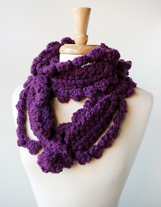 Women's Fashion Accessories - Unusual Crochet Scarf - Merino Wool - Purple Plum