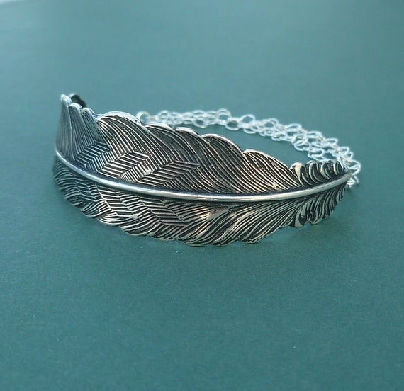 silver feather bracelet cuff sterling silver chain