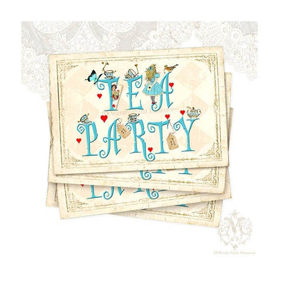 Alice in Wonderland Tea Party Invitation Notecards, Set of 4,Typography, Blue