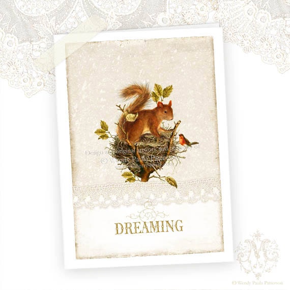 Squirrel, Greeting Card, Autumn, Fall, Woodland, Birds Nest, Robin, Dreaming, Christmas card