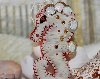 Sweetie of The Sea - Sea Horse Fantasy Folk Art Quilty Critter  - Opulent Topaz Crystal Embellished