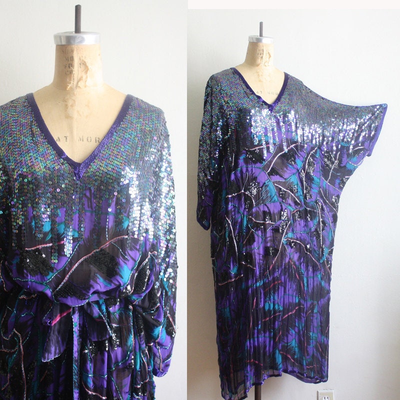 Vintage 80s Judith Ann Sequin and Silk Caftan Cocktail Dress