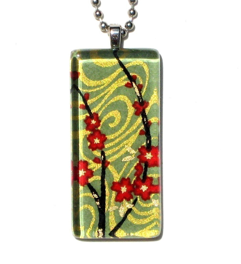 red blossoms on sage necklace pendant - glass and Japanese chiyogami - flowing cherry blossoms