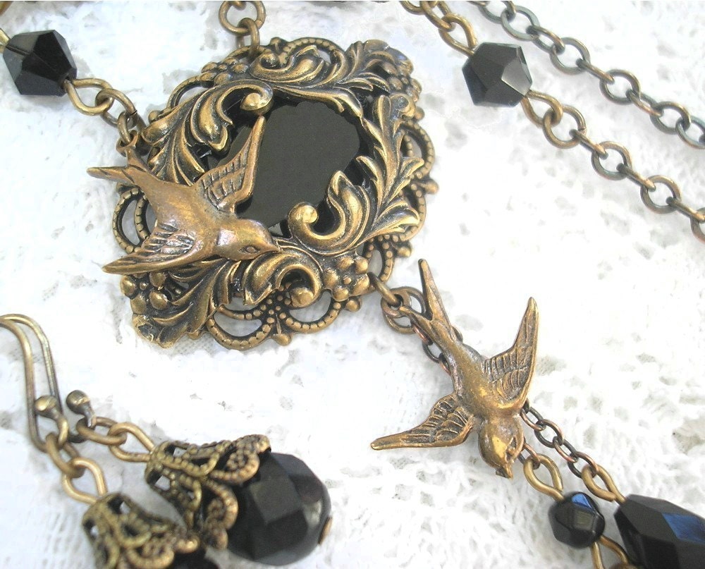 Night Flight - Jet Black Czech Glass and Brass Necklace Set