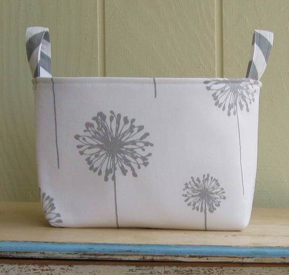 Fabric Storage Bin- Organizer- Basket- Dandelions- Gray- White