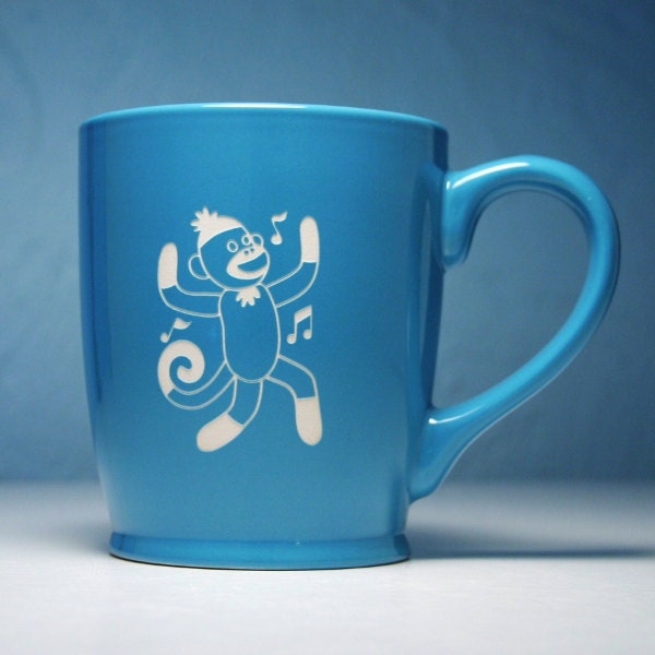 Sock Monkey Mug - Sky Blue - large ceramic dancing monkey coffee cup
