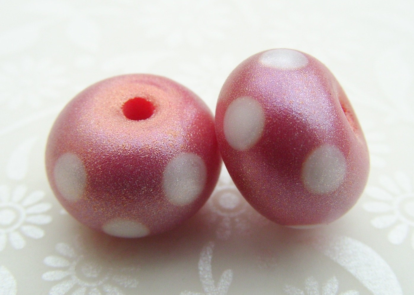 Shimmering Light Red Polka Pair Lampwork Beads
