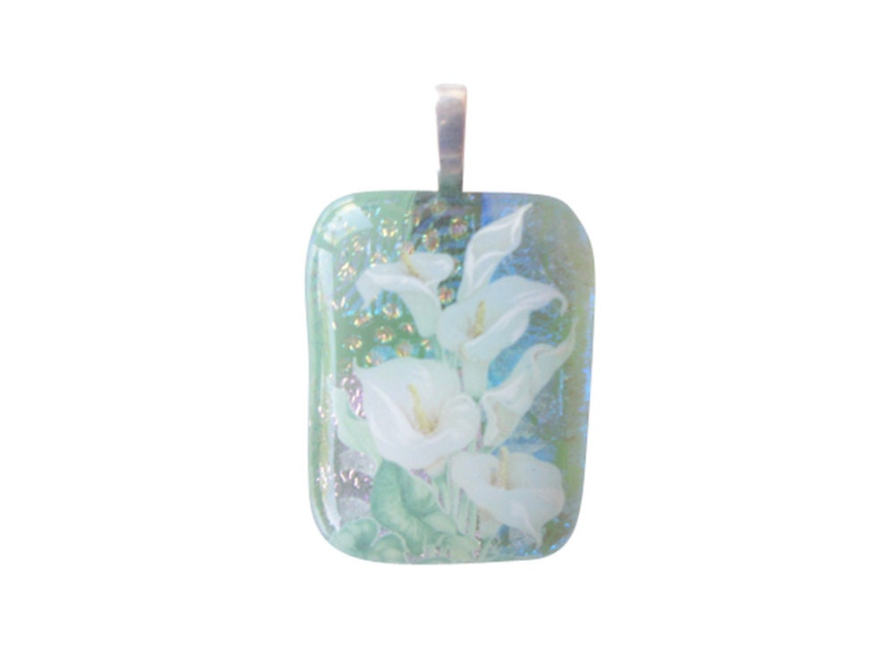 Calla Lilies, Dichroic Glass Pendant, Fused Glass Pendant, Silver Necklace, Dichroic Jewelry, Fused Glass Jewelry Blue, Green, Magenta