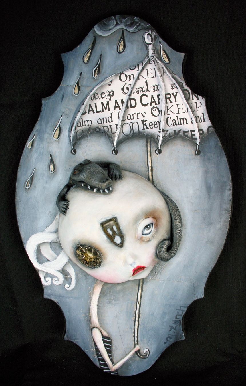 Original lowbrow pop surealism Rainy Day Steampunk Painting