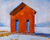 Oil Painting, School House, Original, Landscape, Small, 8x10, Brick, Orange, Blue, Winter, Snow, Wall Decor