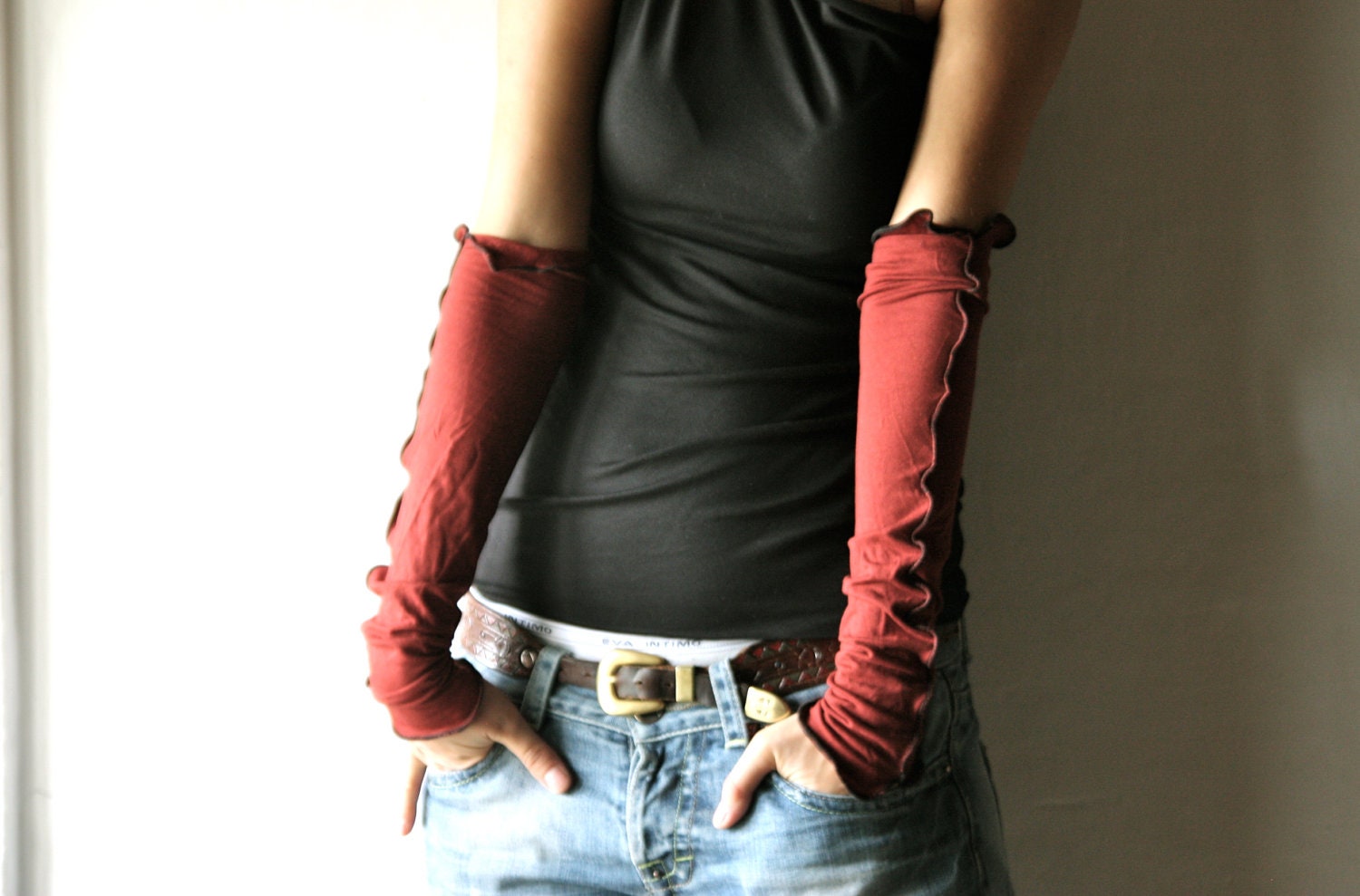 Fingerless Gloves - jersey arm warmer cuffs in red - Dragon gothic gloves