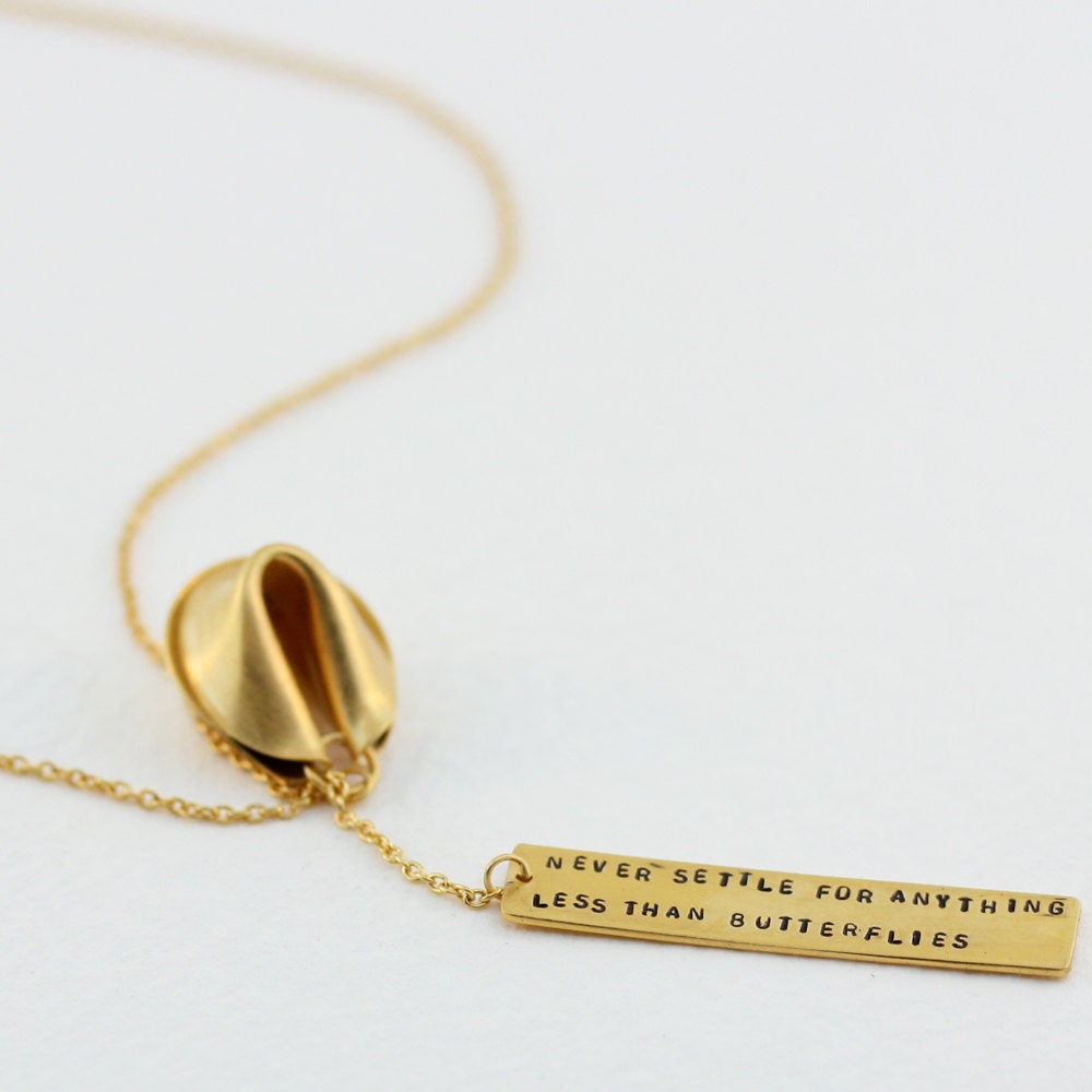 never settle for anything less than butterflies - 18" 18k gold vermeil fortune cookie lariat with fortune message in front