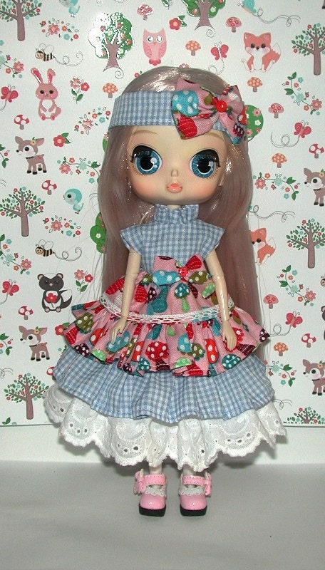 TnTCreations Dots On Mushrooms Dress  Also Matching Headband For Byul Or Dal Doll