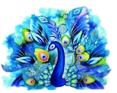 Peacock in Full Bloom - Watercolor Fantasy Painting by Annya Kai - Nature Inspired Bird Wall Art