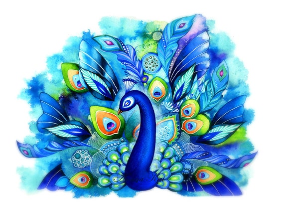 Peacock in Full Bloom - Watercolor Fantasy Painting by Annya Kai - Nature Inspired Bird Wall Art