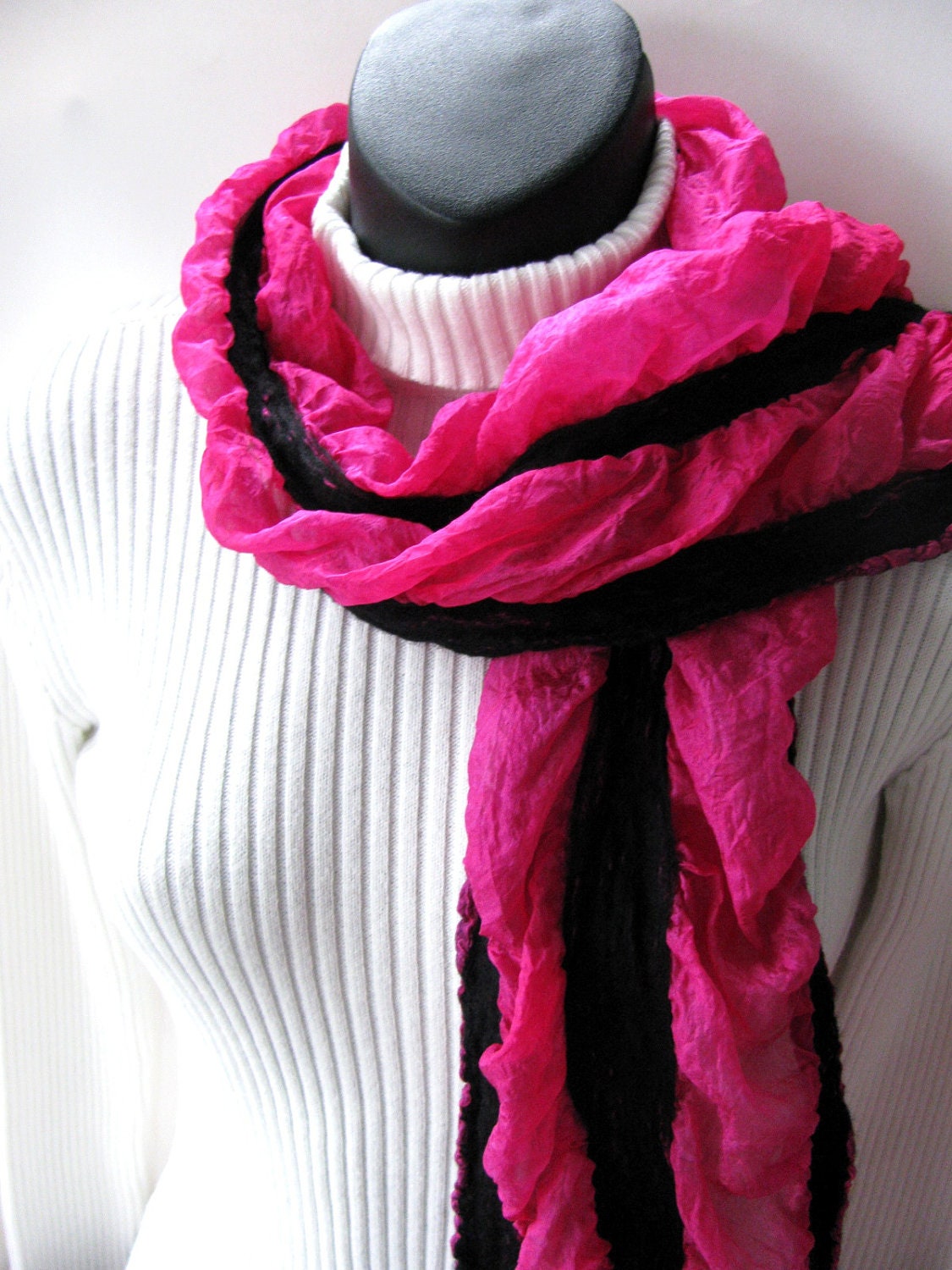 Nuno Felted Silk Scarf for Women- Magenta Ruffles- womens scarves valentine fashion winter accessories pink black scarf