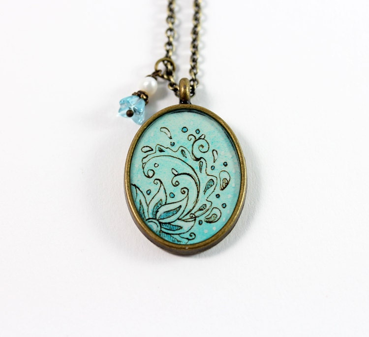 Swirled Flower in Aqua Hand Painted Necklace